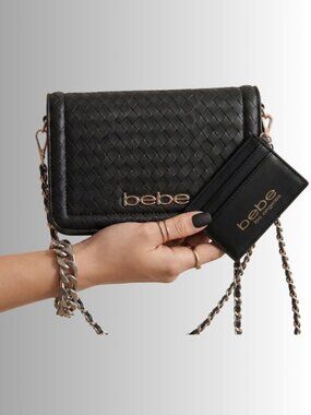 NWT Bebe Black Woven Crossbody Bag with Chain Strap and Cardholder